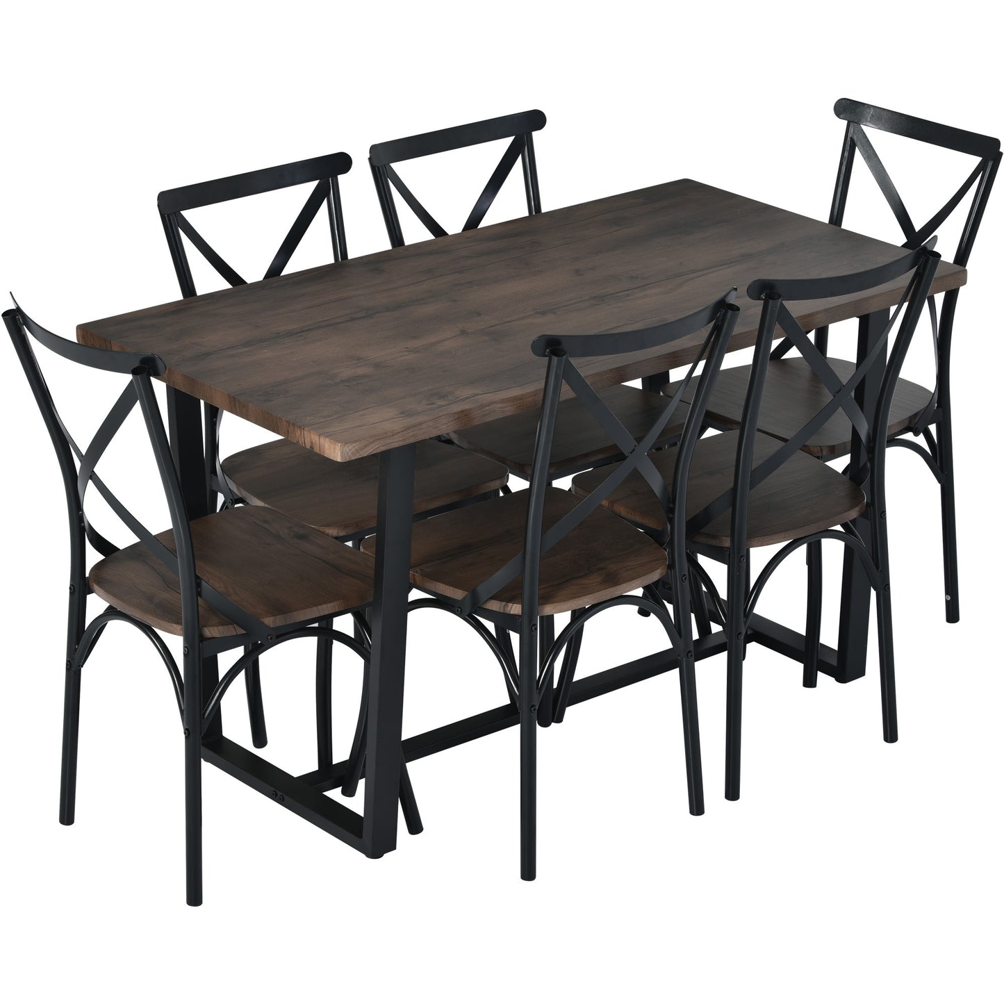 TREXM 7 Piece Industrial Dining Table Set Rectangular Table with 6 Dining Chairs Kitchen Table Set with Metal Frame (Rustic Brown)