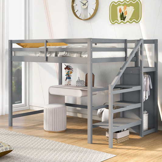 Full Size Loft Bed with Built-in Storage Wardrobe and Staircase,Gray