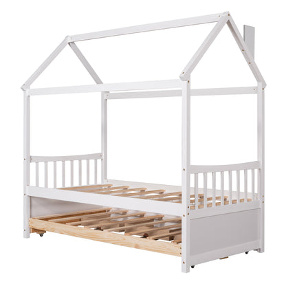 Twin size Wooden House Bed with Trundle and 3 Storage Drawers-White