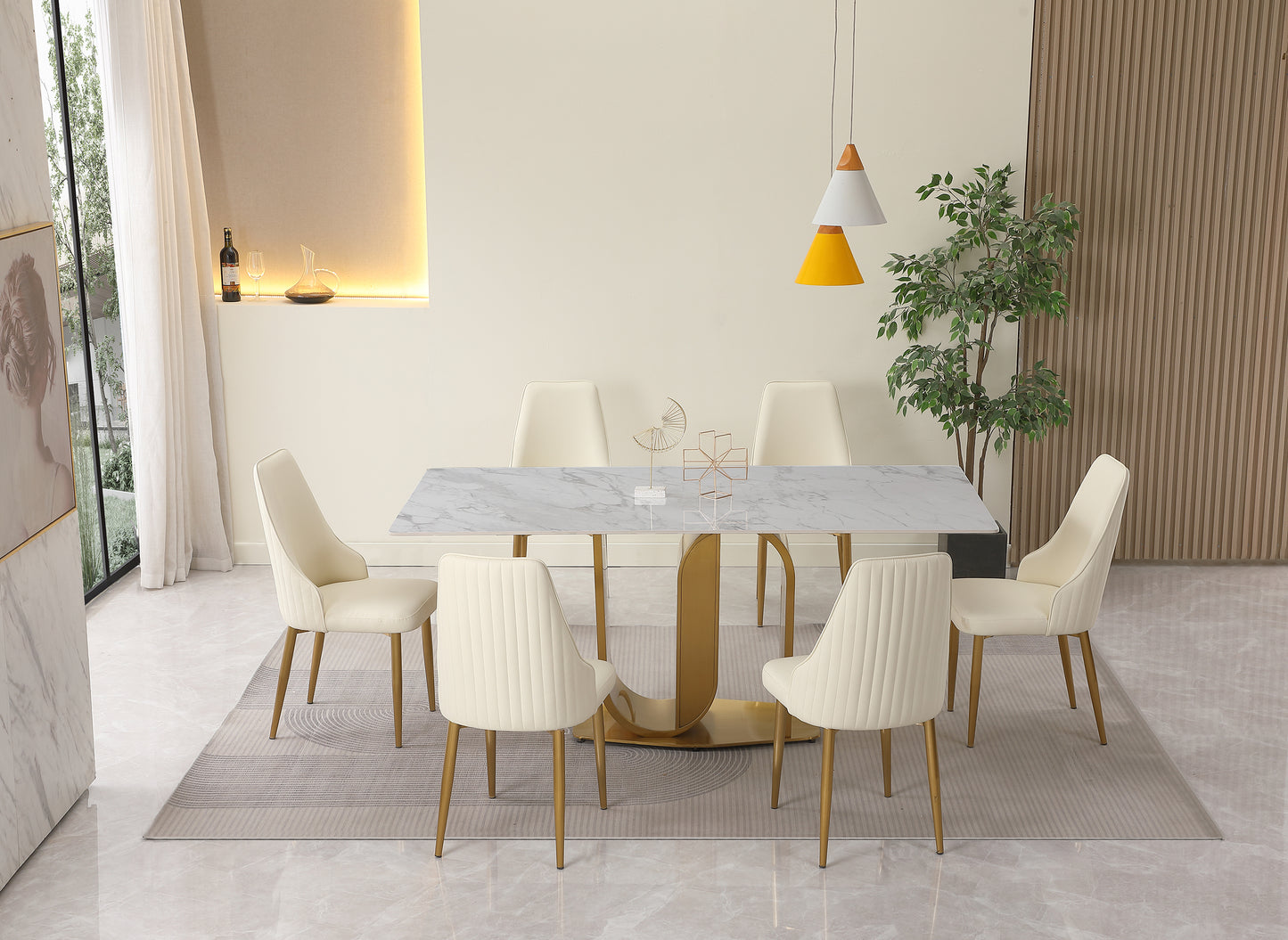 71" Contemporary Dining Table  Sintered Stone  U shape Pedestal Base in Gold finish with 6 pcs Chairs .