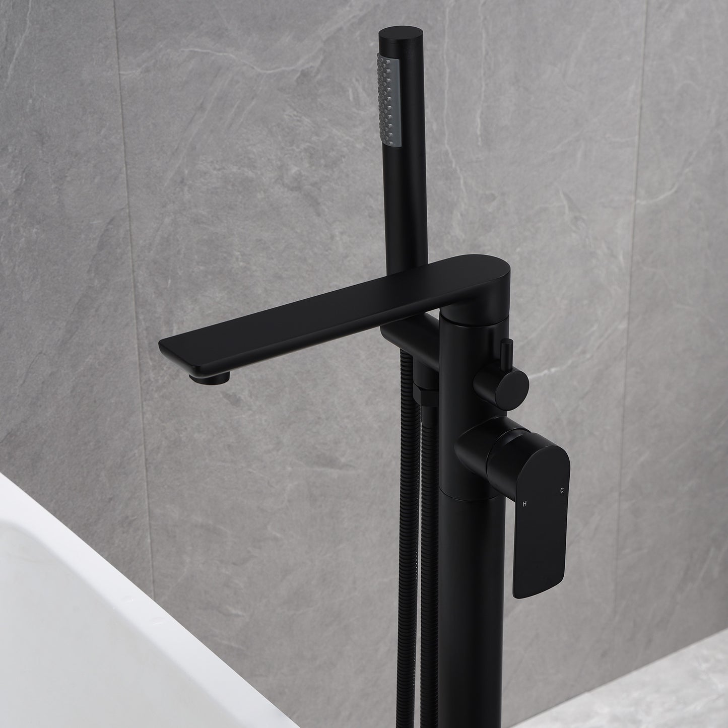 Single-Handle Freestanding Floor Mount Roman Tub Faucet Bathtub Filler with Hand Shower in Matte Black