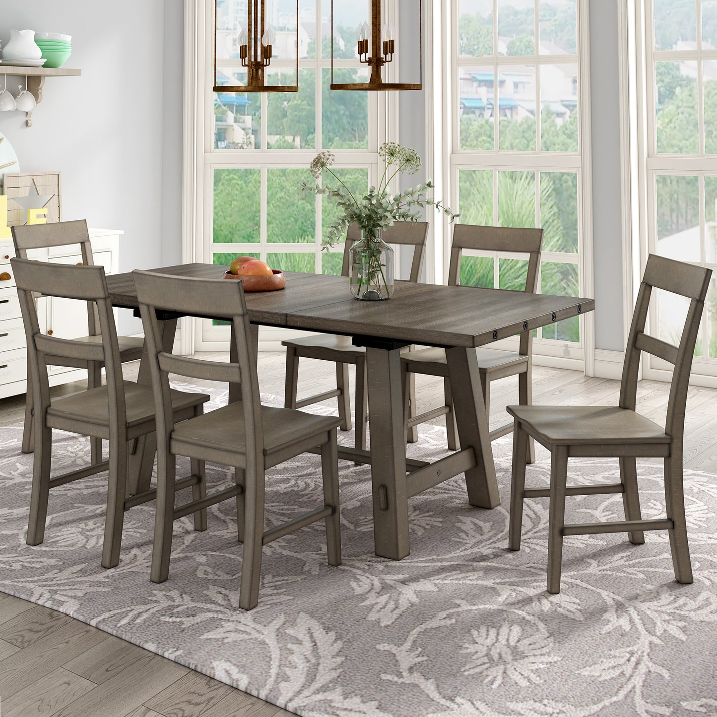 TREXM Retro Industrial Style 7-Piece Dining Table Set Extendable Table with 18” Leaf and Six Wood Chairs 
(Gray)