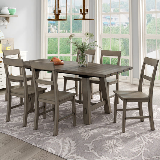 TREXM Retro Industrial Style 7-Piece Dining Table Set Extendable Table with 18” Leaf and Six Wood Chairs 
(Gray)