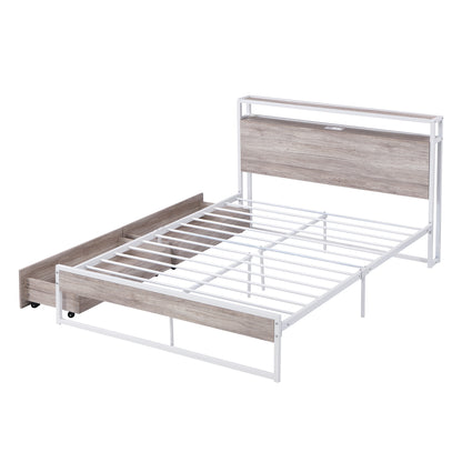 Full Size Metal Platform Bed Frame with  Two Drawers,Sockets and USB Ports ,Slat Support No Box Spring Needed White