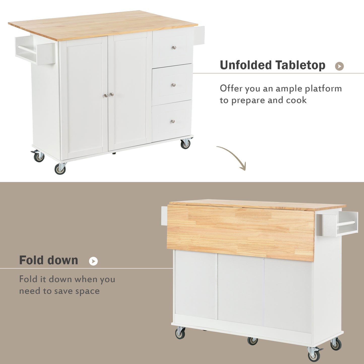 Rolling Mobile Kitchen Island with Solid Wood Top and Locking Wheels，52.7 Inch Width，Storage Cabinet and Drop Leaf Breakfast Bar，Spice Rack, Towel Rack & Drawer （White）