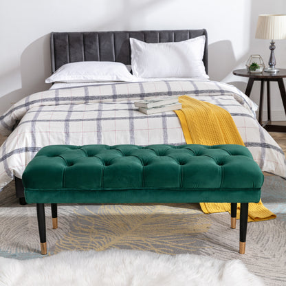 Tufted Bench Modern Velvet Button Upholstered Ottoman enches Bedroom Rectangle Fabric Footstool with Metal Legs for Living Room Entryway,Green