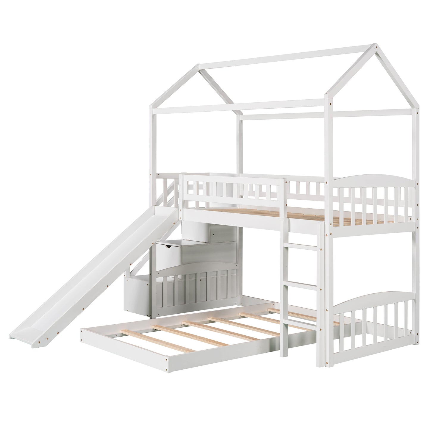 Twin Over Twin Bunk Bed with Two Drawers and Slide, House Bed with Slide, White(OLD SKU :LP000129AAK)
