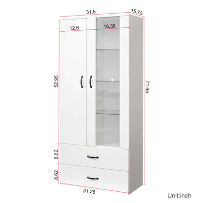 Side cabinet with shelving, drawers, and white side cabinet for clothing