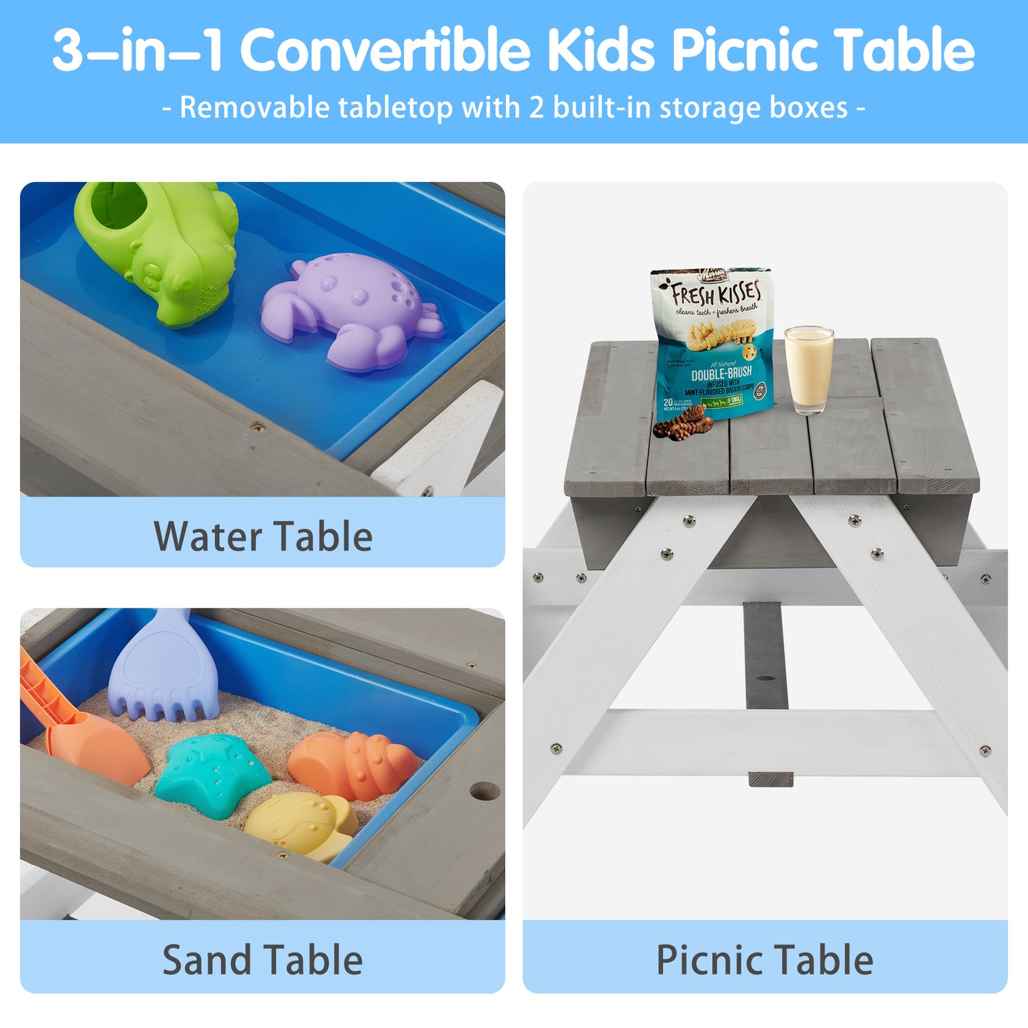 3-in-1 Kids Outdoor Wooden Picnic Table With Umbrella, Convertible Sand & Wate, Gray AMASTM & CPSIACERTIFICATION