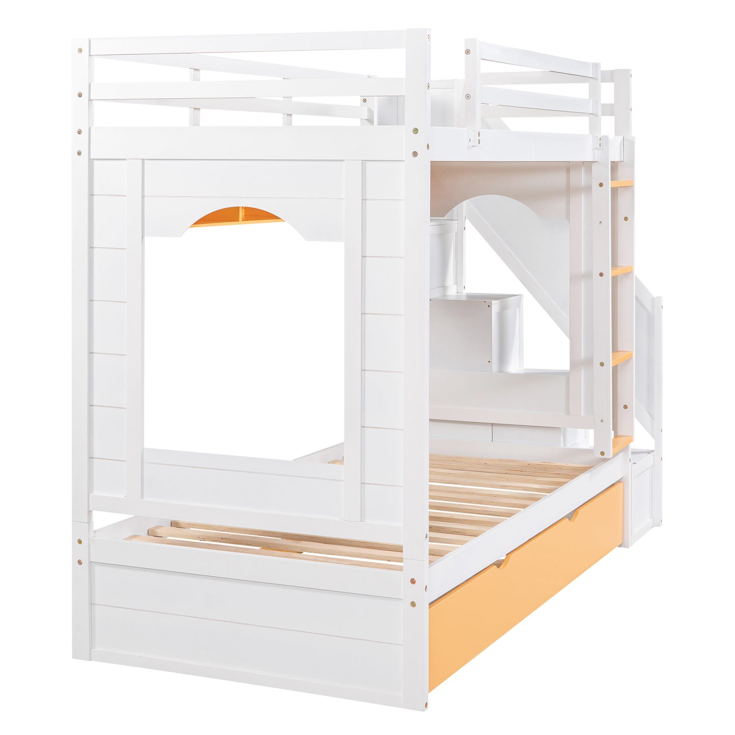 Twin Over Twin Bunk Bed with Trundle ,Stairs,Ladders Solid Wood Bunk bed with Storage Cabinet （White + Yellow）