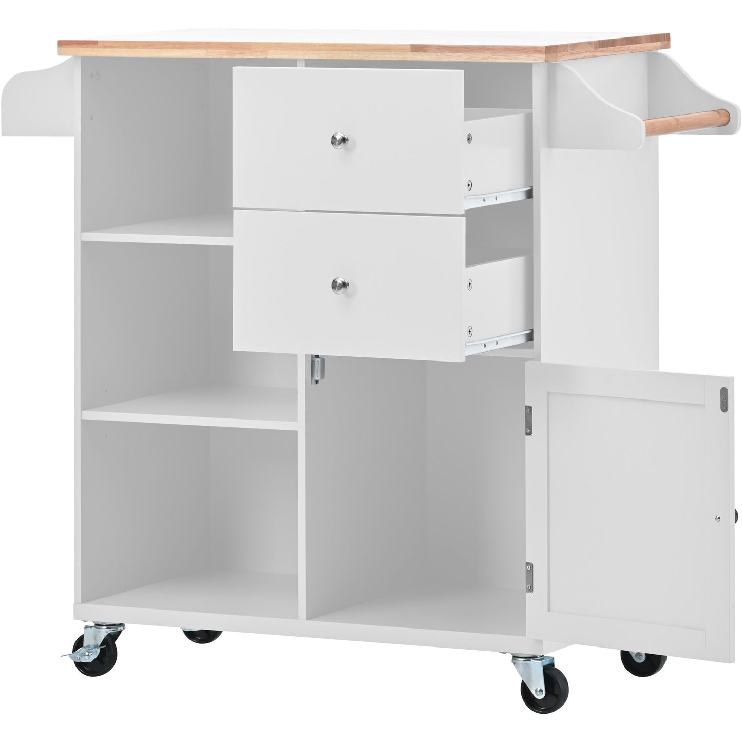 K&K Store Kitchen Cart on 4 Wheels with 2 Drawers and 3 Open Shelves, Kitchen Island with Rubber Wood top for Dinning Room, White