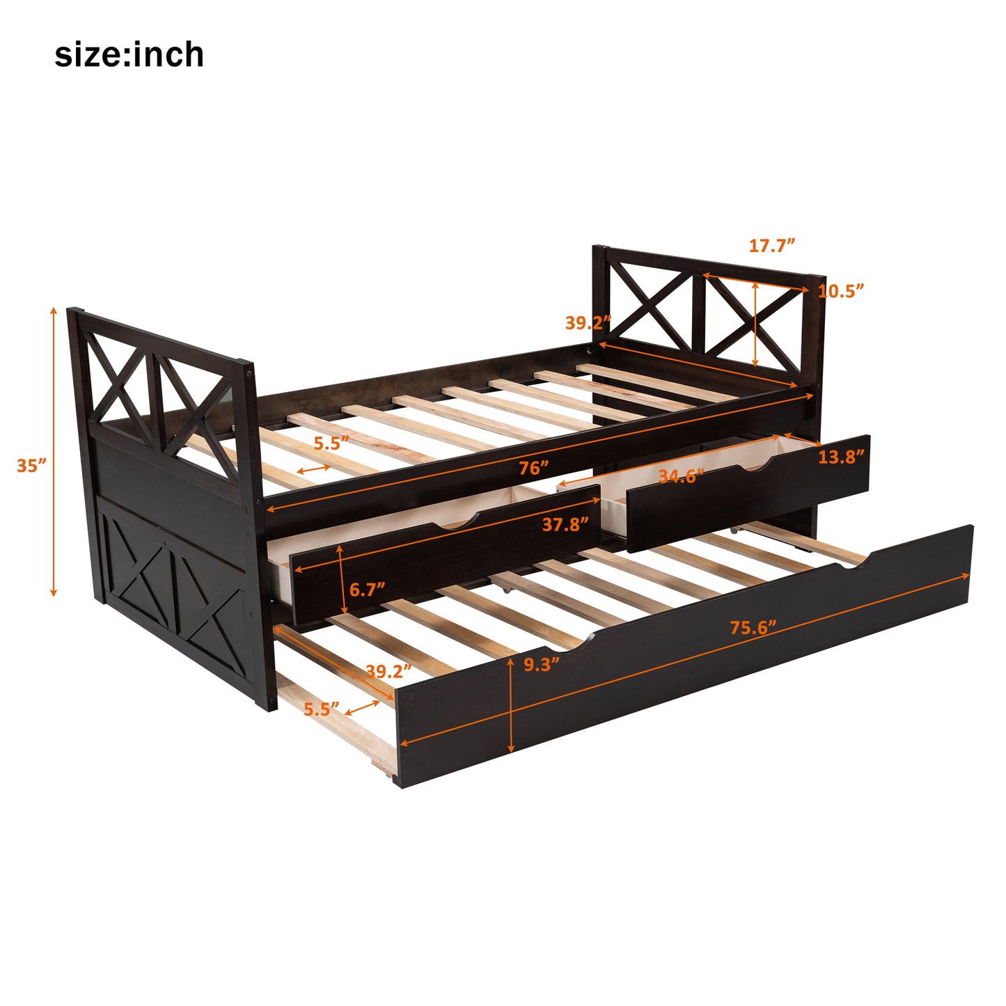 Multi-Functional Daybed with Drawers and Trundle, Espresso