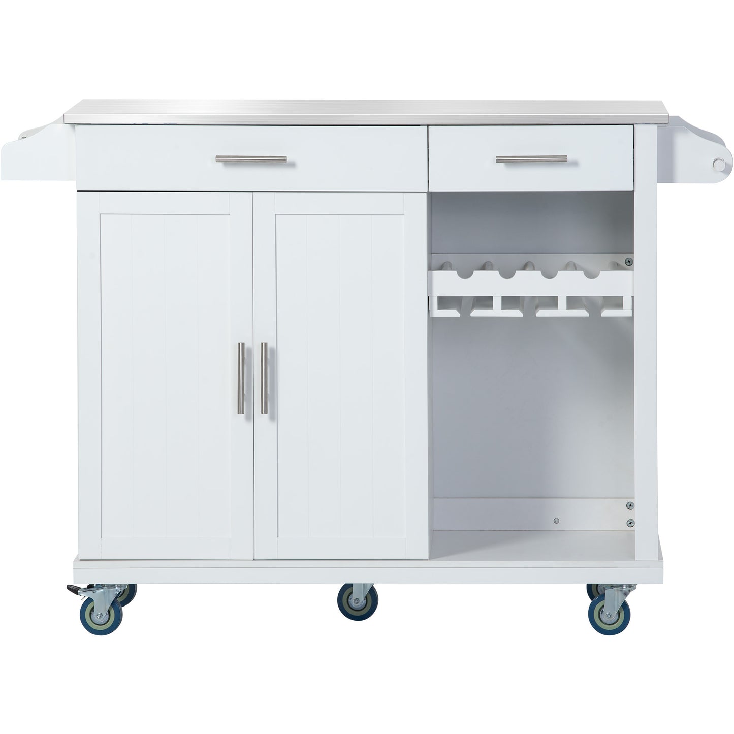 K&K Kitchen Cart with Stainless Steel Top and Storage Cabinet, Kitchen Island on Wheels with Two Drawers & Goblet Holder & Wine Rack & Spice Rack & Towel Holder, L51xW18xH37 Inches