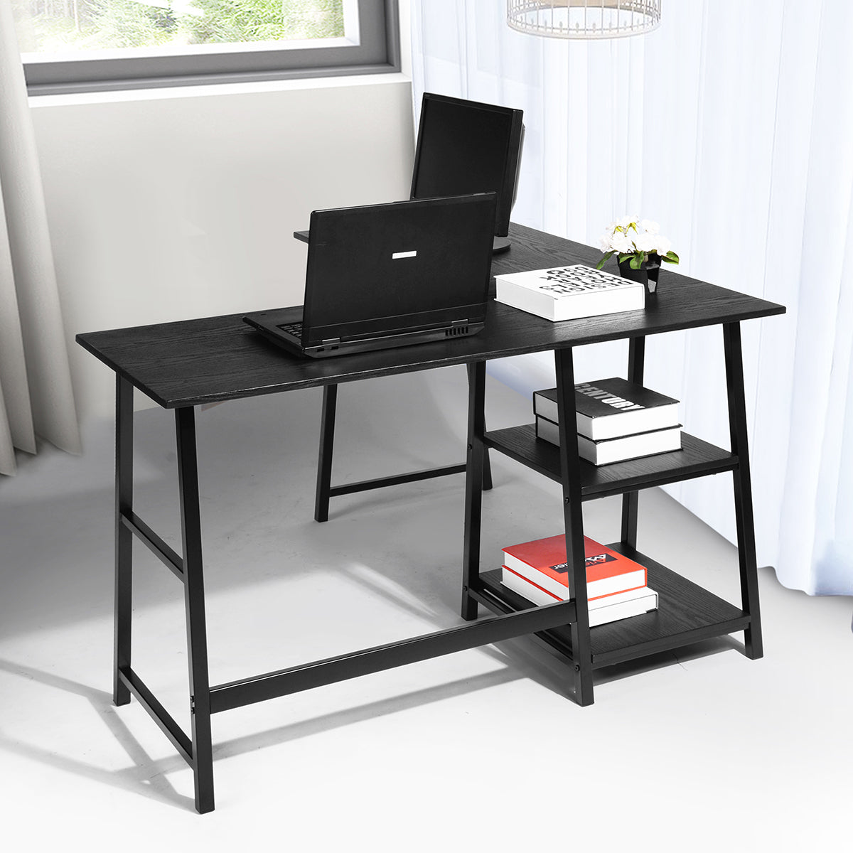 43.5"W X 27.6" D L-Shaped Corner Computer Desk with Open Shelves, BLACK