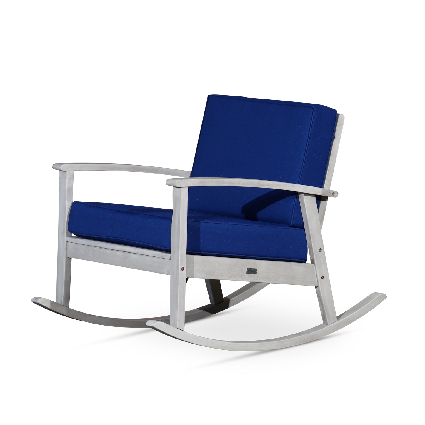 Eucalyptus Rocking Chair With Cushions, Silver Gray Finish, Navy Cushions