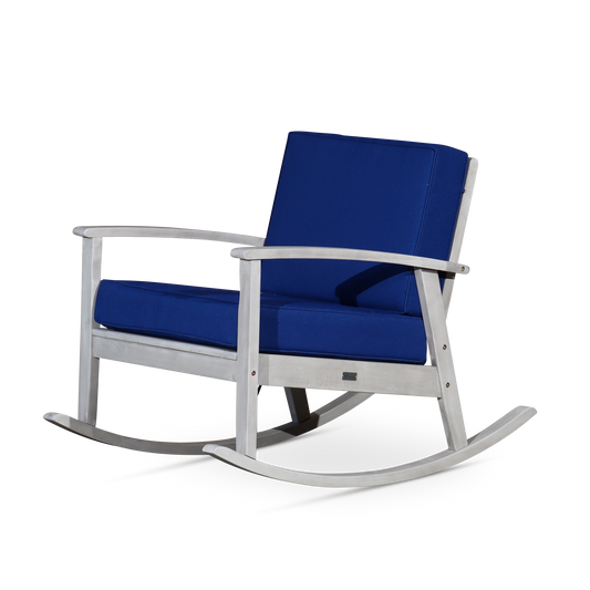 Eucalyptus Rocking Chair With Cushions, Silver Gray Finish, Navy Cushions