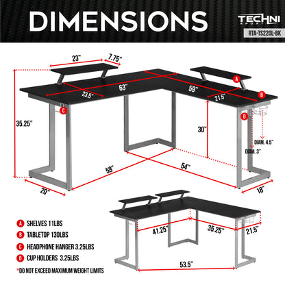 Techni Sport Warrior L-Shaped Gaming Desk, Black