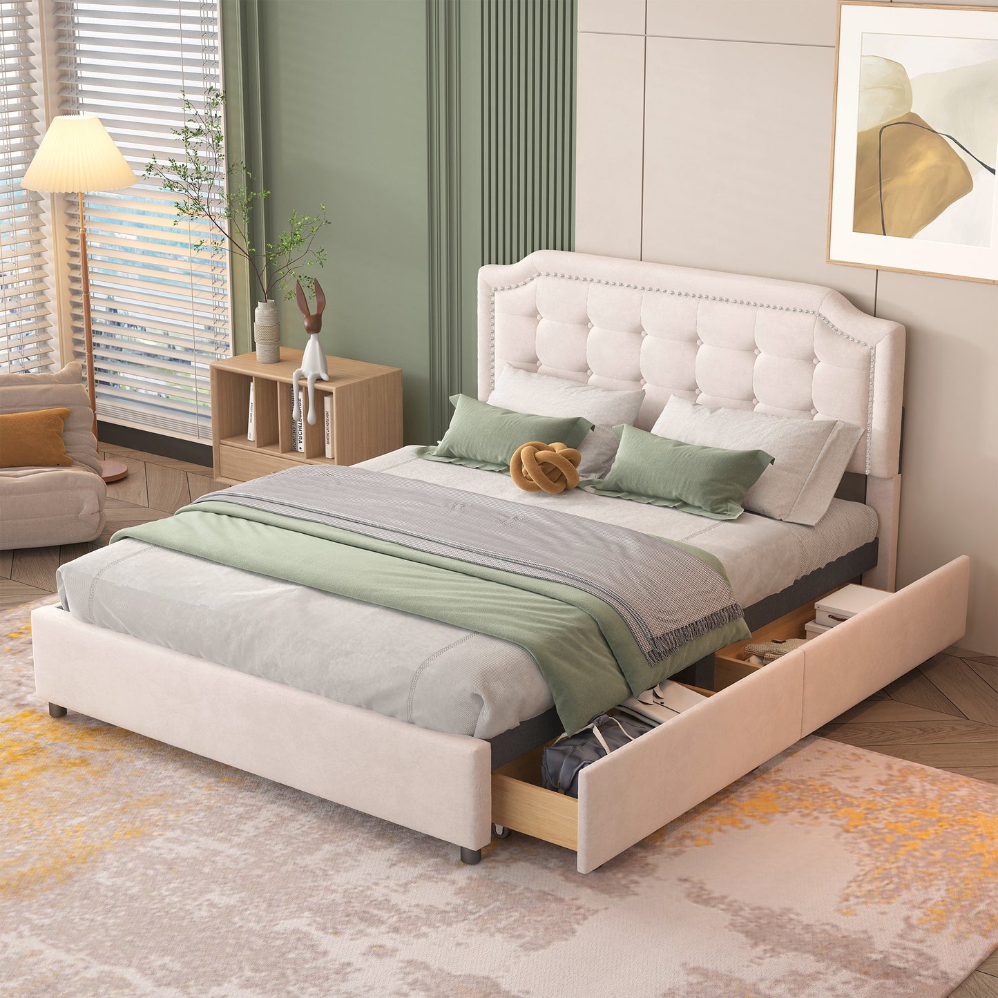 Upholstered Platform Bed with Classic Headboard and 4 Drawers, No Box Spring Needed, Velvet Fabric, Queen Size Beige