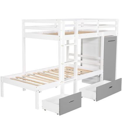 Twin over Twin Bunk Bed with Built-in Storage Wardrobe and Two Drawers, White