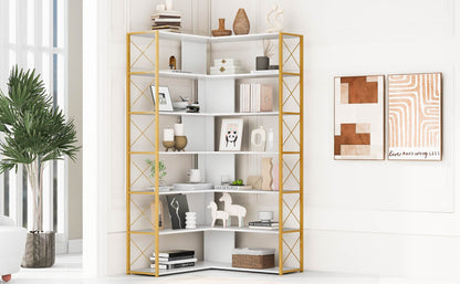 Golden+White 7-Tier Bookcase Home Office Bookshelf,  L-Shaped Corner Bookcase with Metal Frame, Industrial Style Shelf with Open Storage, MDF Board