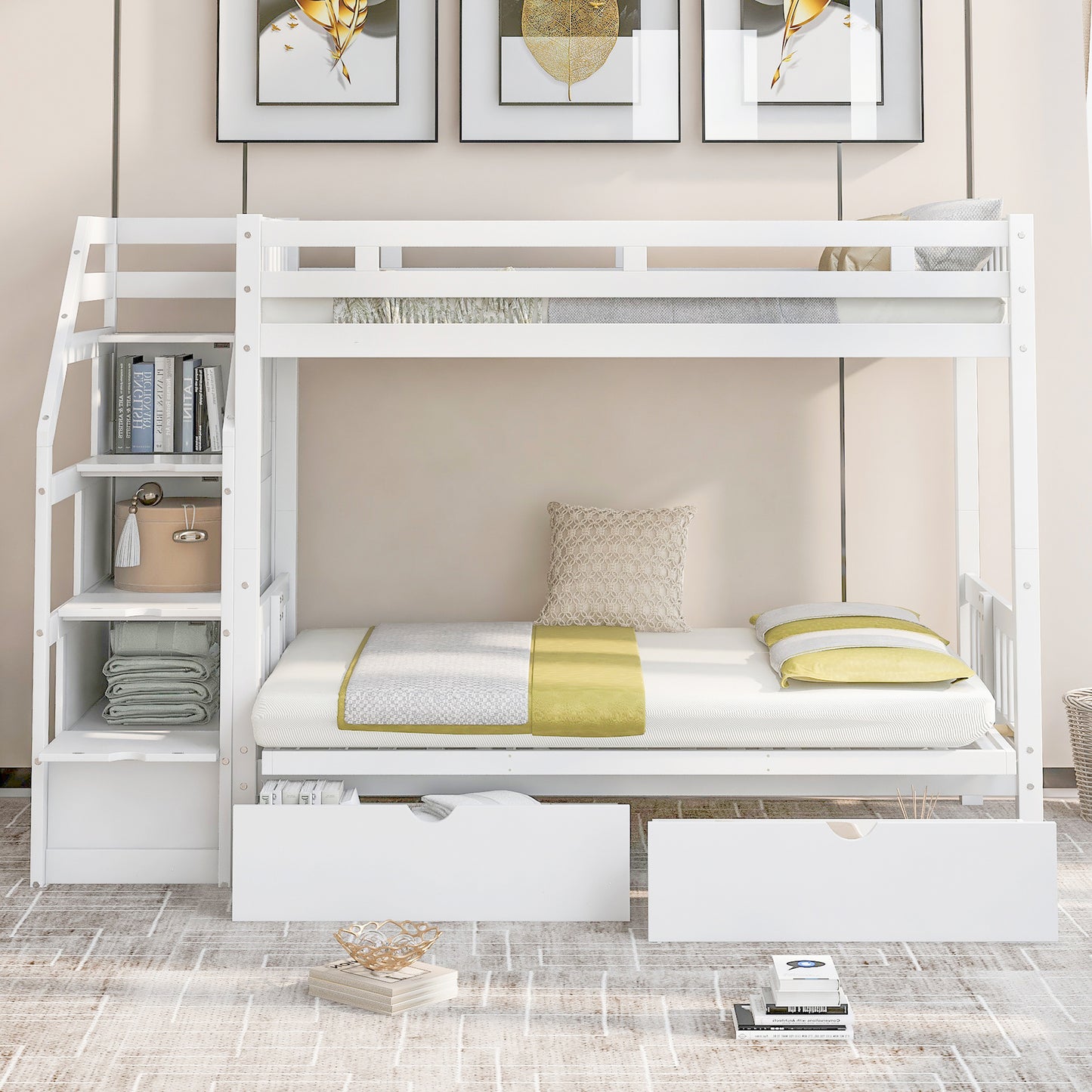 Twin over Full Bunk Bed with Two Drawers and Staircase, Down Bed can be Converted into Daybed,White