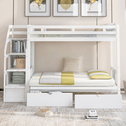 Twin over Full Bunk Bed with Two Drawers and Staircase, Down Bed can be Converted into Daybed,White