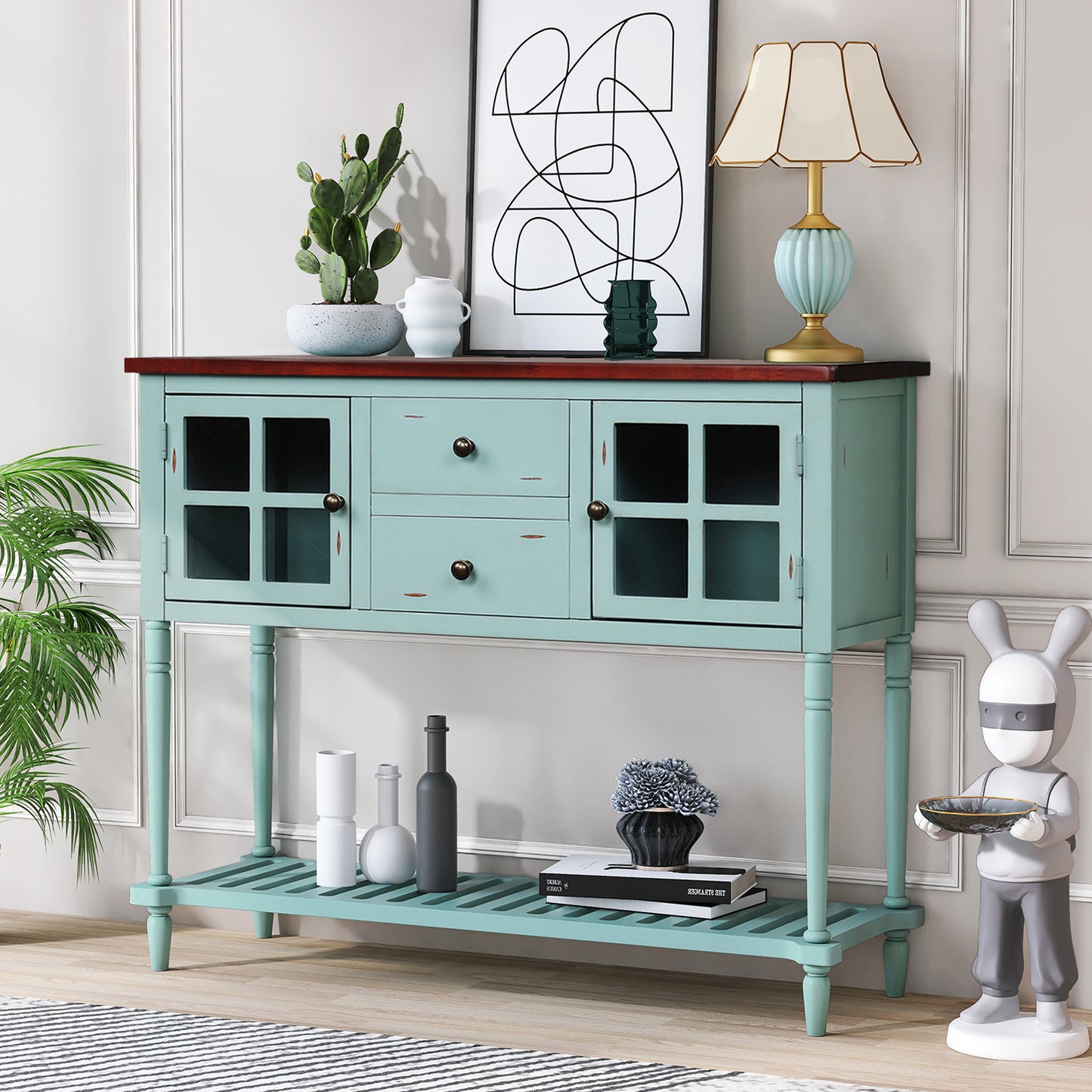 TREXM Sideboard Console Table with Bottom Shelf, Farmhouse Wood/Glass Buffet Storage Cabinet Living Room (Retro Blue)