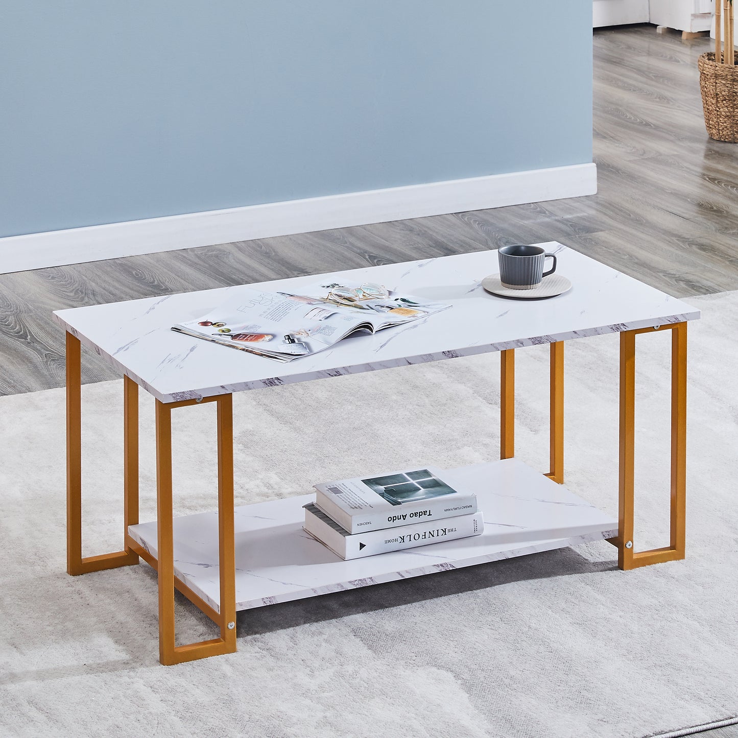 D&N Coffee Table, 2 Layers 1.5cm Thick Marble MDF Rectangle 39.37" L Tabletop Iron Coffee Table , Dining Room, Coffee Shop, Resterant, White Top, Gold Leg