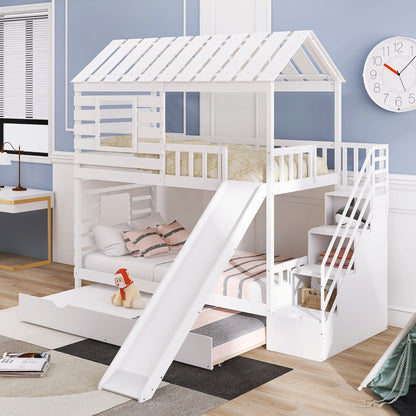 Twin over Twin House Bunk Bed with Trundle and Slide, Storage Staircase,Roof and Window Design, White