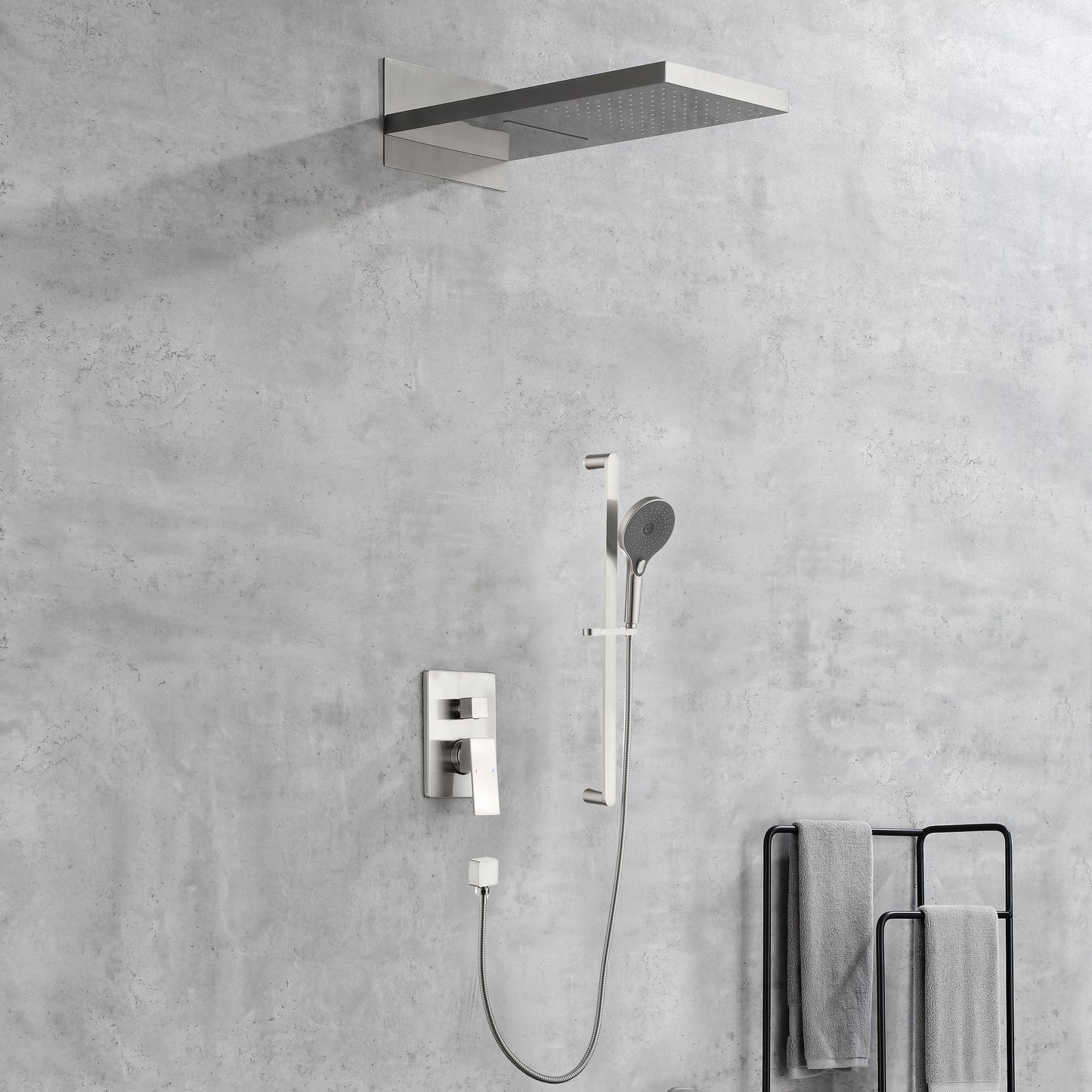 Shower System Square Bathroom Luxury Rain Mixer Shower Combo Set Pressure Balanced Shower System with Shower Head, Hand Shower, Slide Bar, Shower Arm, Hose, and Valve Trim