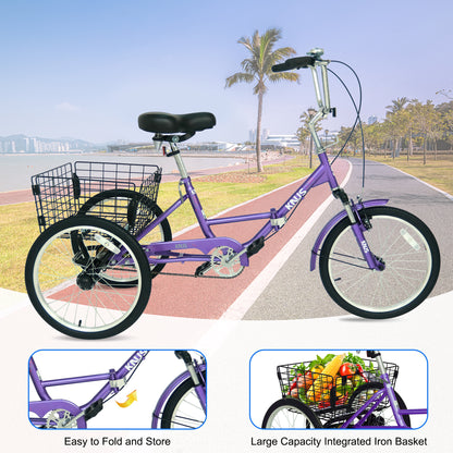 Adult Folding Tricycle ,Foldable 20 inch 3 Wheel Bikes,Single Speed Portable Cruiser Bicycles with Shopping Basket for Seniors,Women, Men