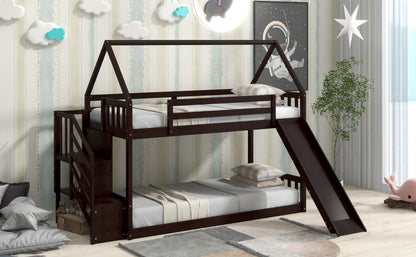 Twin over Twin House Bunk Bed with Slide and Storage Staircase,Espresso