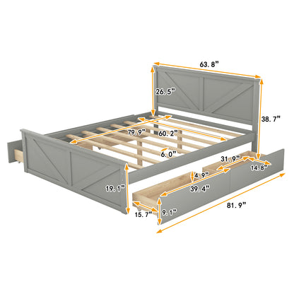 Queen Size Wooden Platform Bed with Four Storage Drawers and Support Legs, Gray