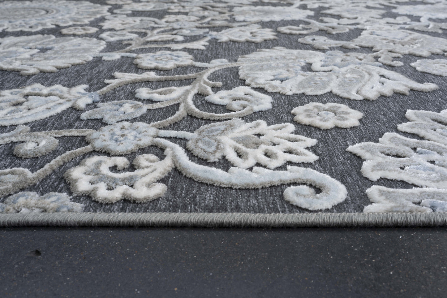 Lily Gray, Ivory, Blue Chenille and Viscose High - Low Area Rug 5x8