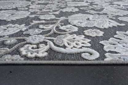 Lily Gray, Ivory, Blue Chenille and Viscose High - Low Area Rug 8x10