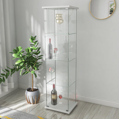 Glass Cabinet-w       Glass Display Cabinet 4 Shelves with Door, Floor Standing Curio Bookshelf for Living Room Bedroom Office, 64” x 17”x 14.5”, White