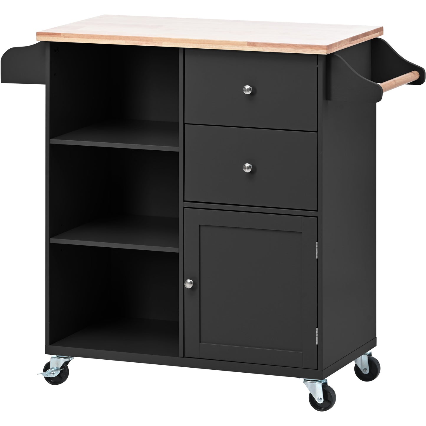 K&K Store Kitchen Cart on 4 Wheels with 2 Drawers and 3 Open Shelves, Kitchen Island with Rubber Wood top for Dinning Room, Black