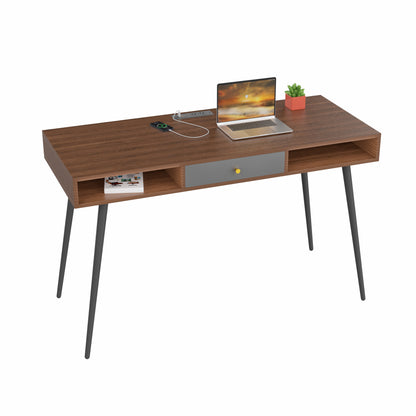 Mid Century Desk with USB Ports and Power Outlet, Modern Writing Study Desk with Drawers, Multifunctional Home Office Computer Desk Walnut