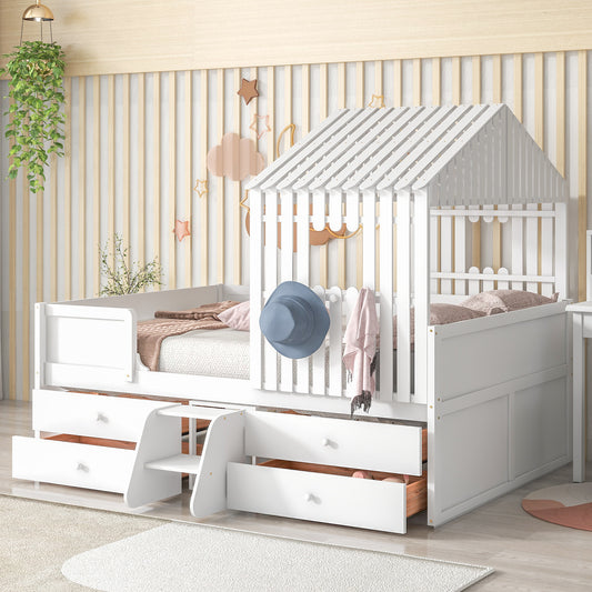 Full Size House Low Loft Bed with Four Drawers,White