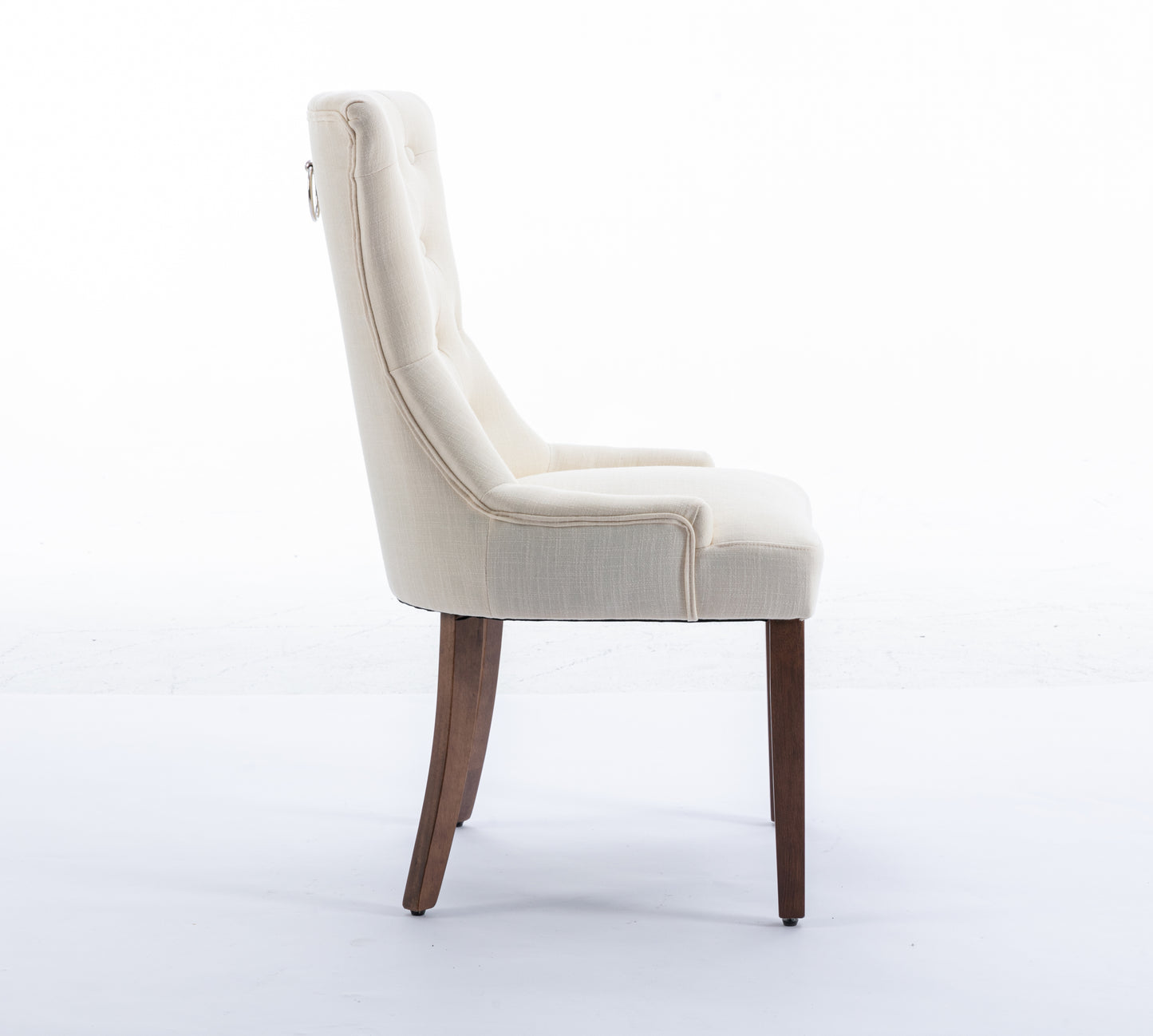 Classic Button Tufted Beige Linen Fabric Upholstered Dining Chair with Solid Wood Legs 2 PCS