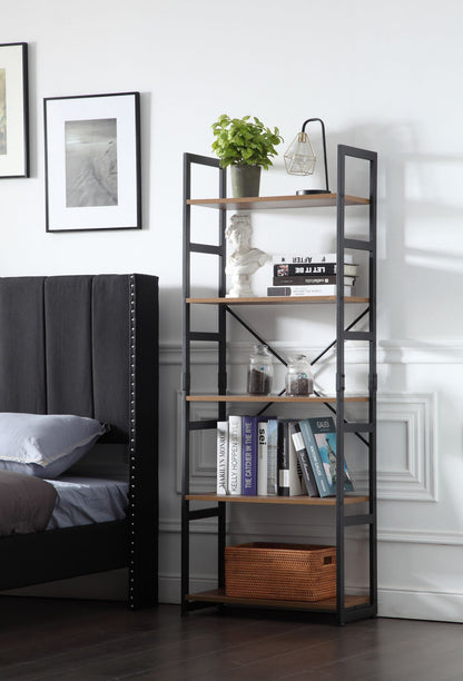 Ladder Shelf Bookcase 5 Tiers | Bookshelf with Open Storage, Metal Frame with Wood Board | Rustic + Black