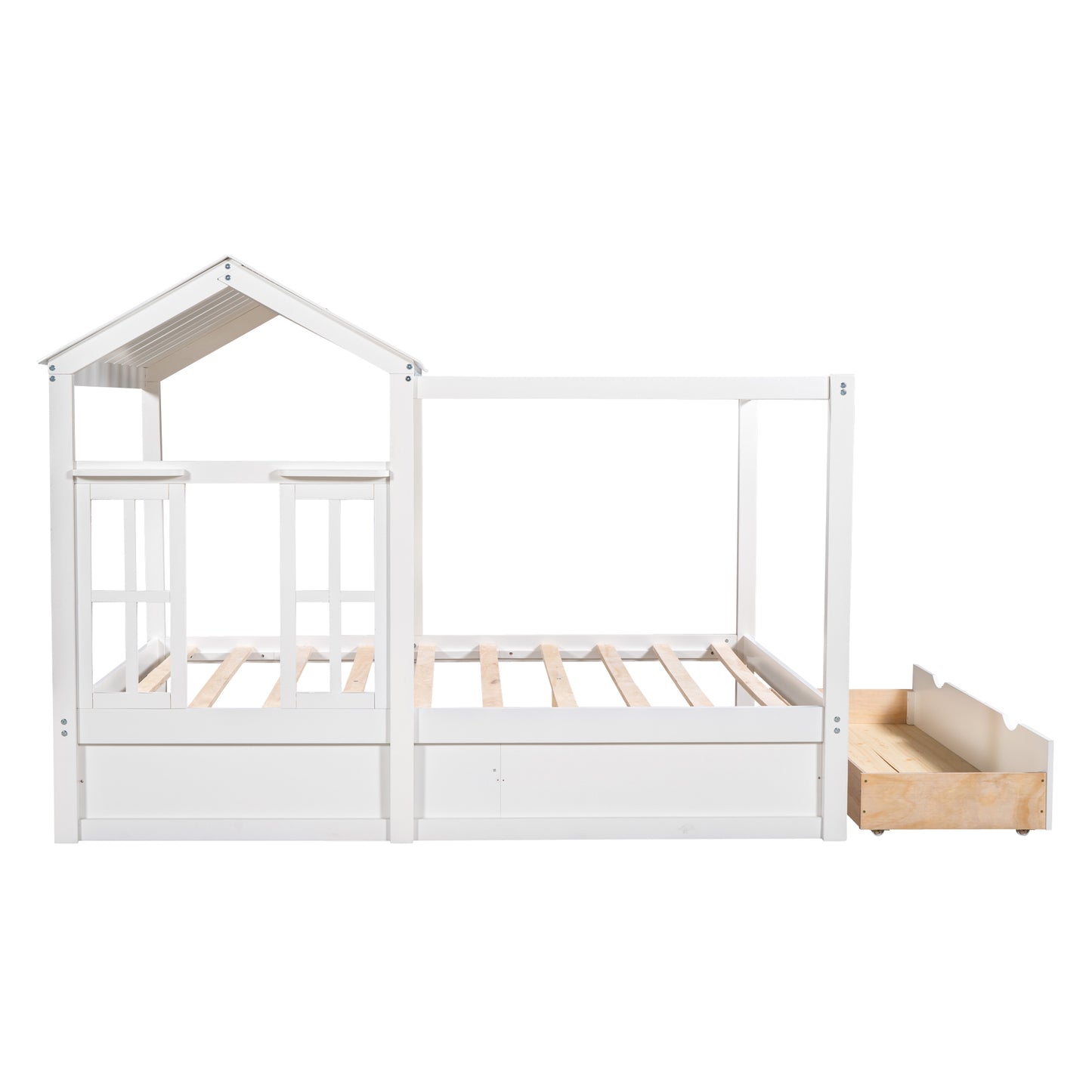 Full Size House Bed with Roof, Window and Drawer - White