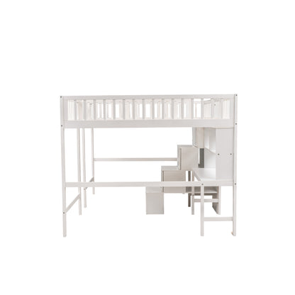 Twin & Twin Size Loft Bed with 2 Built-in Desks and Shelves, Storage Staircase, White