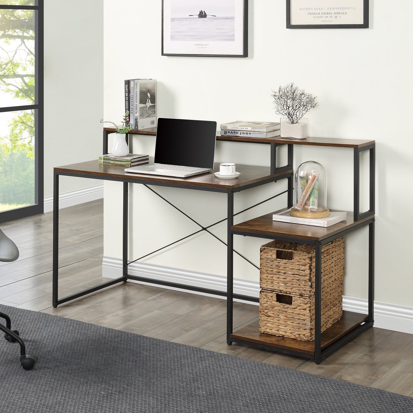 Home Office Computer Desk with Storage Shelves and Monitor Stand Riser Shelf Study Writing Desk Computer Table (OLD SKU: WF198006AAT)