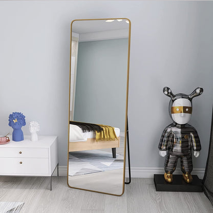 Full-Length Mirror 63"x20", Round Corner Aluminum Alloy Frame Floor Full Body Large Mirror, Stand or Leaning Against Wall for Living Room or Bedroom, Gold