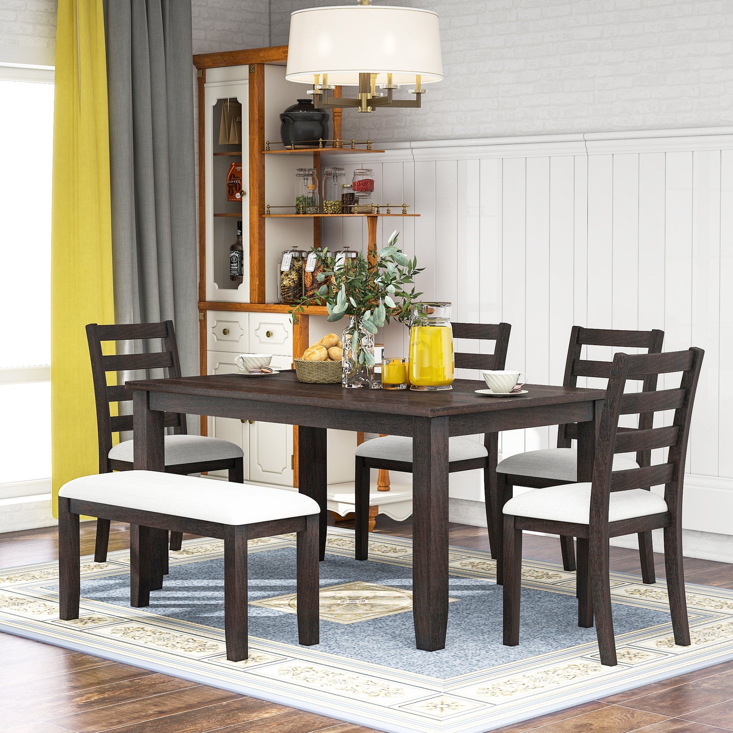 TREXM Rustic Style 6-Piece Dining Room Table Set with 4 Upholstered Chairs & a Bench (Espresso)