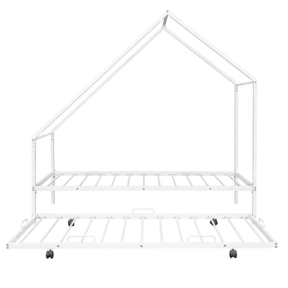 Metal House Bed With Trundle, Twin Size House Bed White