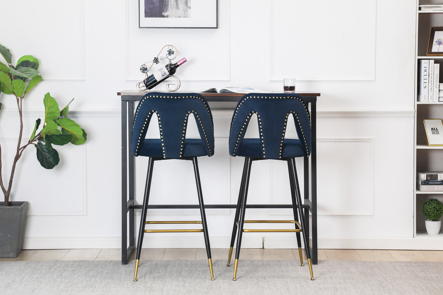 A&A Furniture,Akoya Collection Modern | Contemporary Velvet Upholstered Connor 28" Bar Stool & Counter Stools with Nailheads and Gold Tipped Black Metal Legs,Set of 2 (Blue)