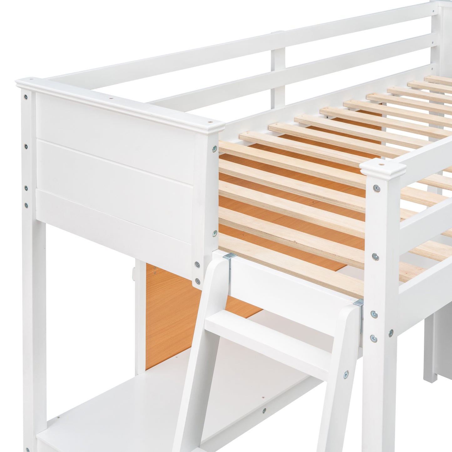 Twin size Loft Bed with Desk and Writing Board, Wooden Loft Bed with Desk - White