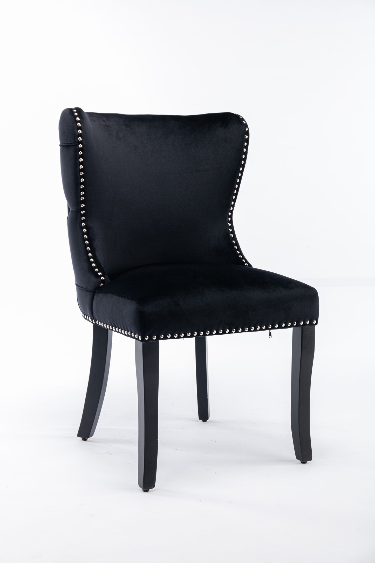 Set of 2 Black Velvet upholstered wing-back dining chair with backstitching nailhead trim and solid wood legs